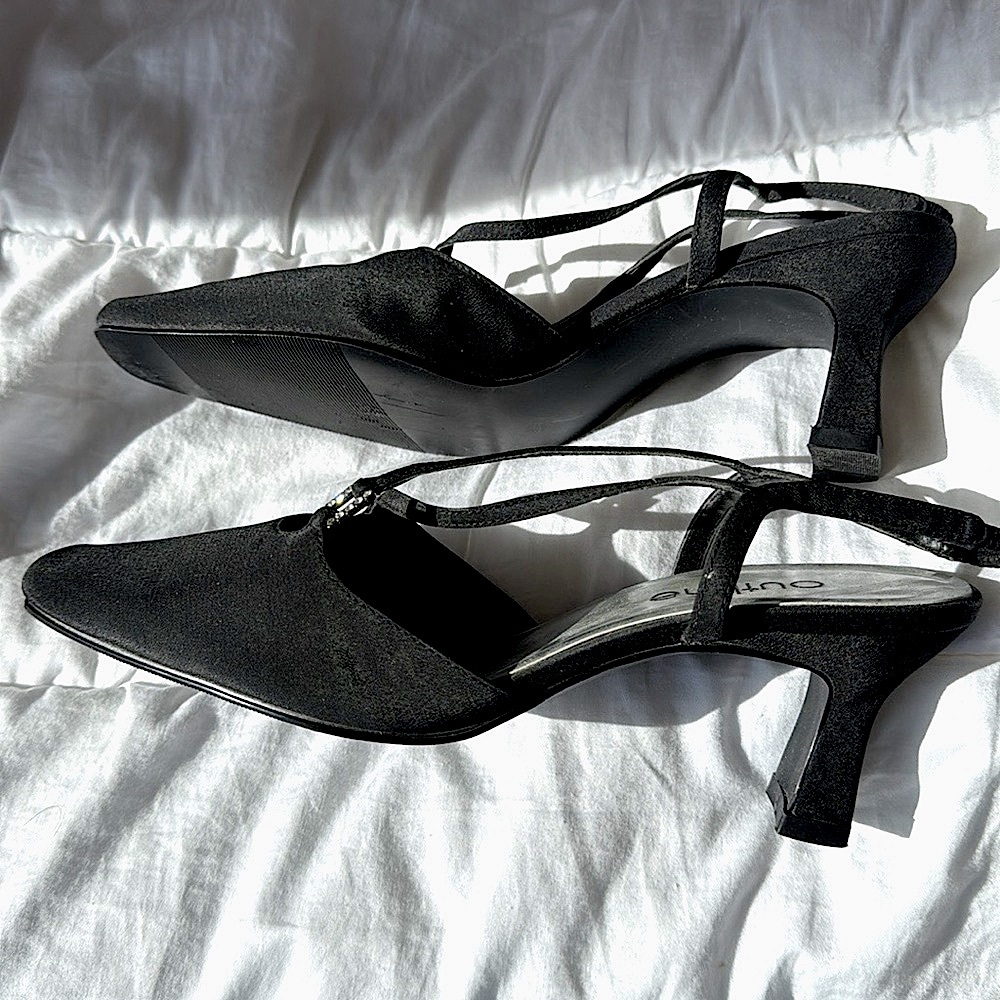 Black 3 inch heel with rhinestone accent sling back satin finish muted